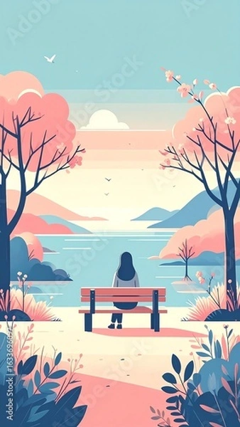 Fototapeta A serene illustration of a person sitting on a bench by a calm lake surrounded by colorful trees and distant mountains.