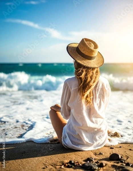 Fototapeta A woman sits on the beach, enjoying the serene waves and warm sunlight, embodying a relaxing summer vibe.