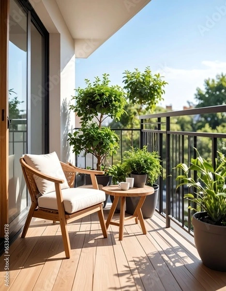 Fototapeta A cozy balcony with a wooden chair, small table, and lush plants, perfect for relaxation and enjoying nature.