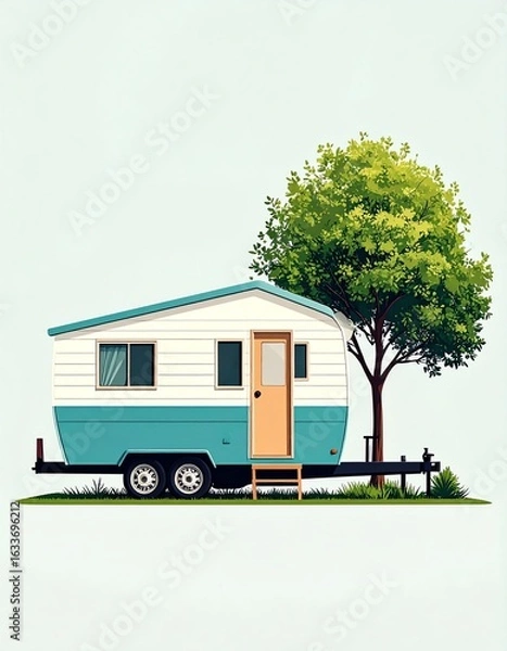 Fototapeta A vintage trailer home set under a lush tree, perfect for a peaceful getaway in nature, showcasing unique design.
