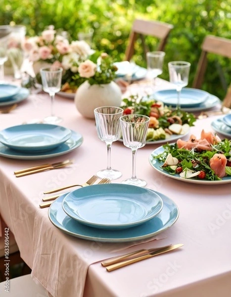 Fototapeta Elegant outdoor dining setup with fresh salads, floral decor, and stylish tableware for a memorable meal.