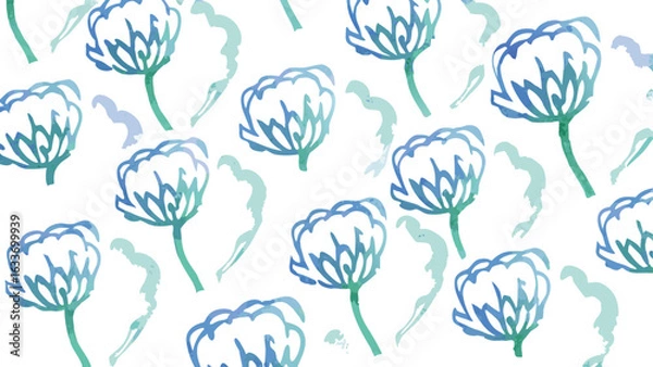 Fototapeta Watercolor floral pattern with blue and green flowers and abstract shapes on a white background design