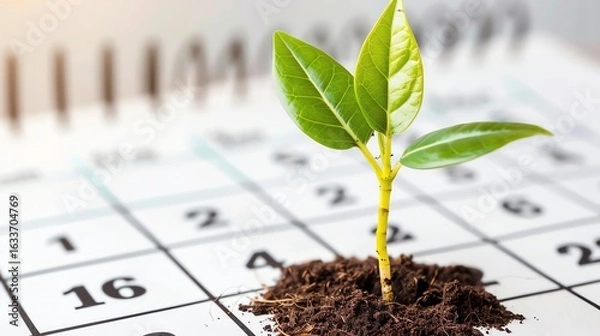 Obraz Plant sprouting from calendar date representing scheduled growth