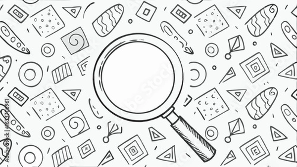 Fototapeta Magnifying glass over a pattern of geometric shapes and designs in black and white line art style