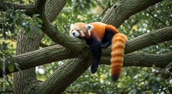 Fototapeta Adorable Red Panda Resting Peacefully on a Mossy Tree Branch Amidst Lush Green Foliage