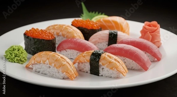 Fototapeta Artistic Platter of Assorted Nigiri and Gunkan Sushi with Garnishes