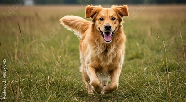 Fototapeta Pure Joy in Motion: A Happy Golden Retriever Bounds Through a Grassy Field