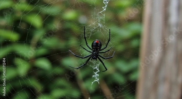 Fototapeta Iconic Black Widow Spider with Red Hourglass Marking on Intricate Web