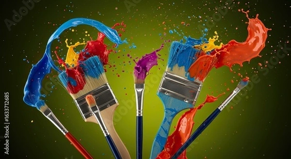 Fototapeta Vibrant Paint Splashes Exploding from Artist Brushes in Dynamic Motion