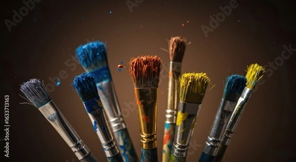 Fototapeta Colorful Paintbrushes Bursting with Vibrant Colors, Artistic Expression, Close-Up.