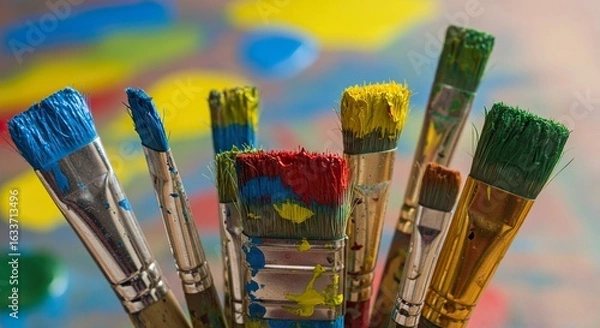 Fototapeta Vibrant Paint Brushes Laden with Colorful Pigments, Ready for Artistic Creation