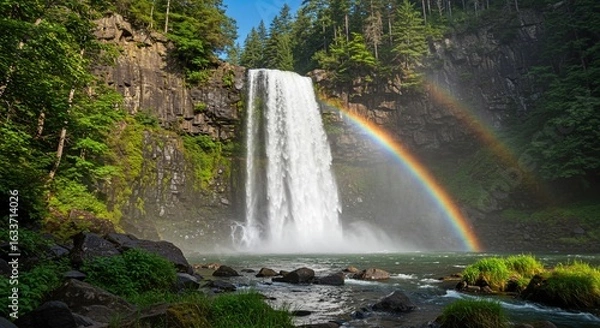 Fototapeta Majestic Waterfall Cascades with a Vibrant Rainbow Arching Over Lush Green Forested Cliffs