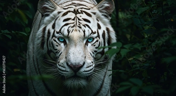 Fototapeta Majestic White Tiger with Striking Cyan Eyes Emerging from Dark Foliage