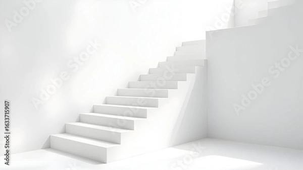 Fototapeta Minimalist White Staircase Ascending in a Brightly Lit Room with Soft Shadows and Clean Lines Creating a Simple Modern Architectural Design