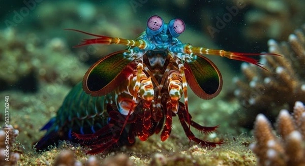 Fototapeta Vibrant Peacock Mantis Shrimp with Striking Eyes and Ornate Appendages on Coral Reef