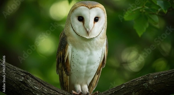 Fototapeta A Barn Owl's Piercing Gaze from a Tree Branch Against a Lush Green Forest Bokeh