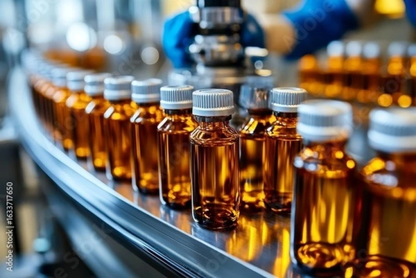 Fototapeta Pharmaceutical factory worker inspecting medical vials on a production line conveyor belt for a healthcare medication manufacturing company. Drug factory quality control, Generative AI