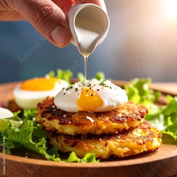 Obraz Potato pancakes with poached egg and sauce