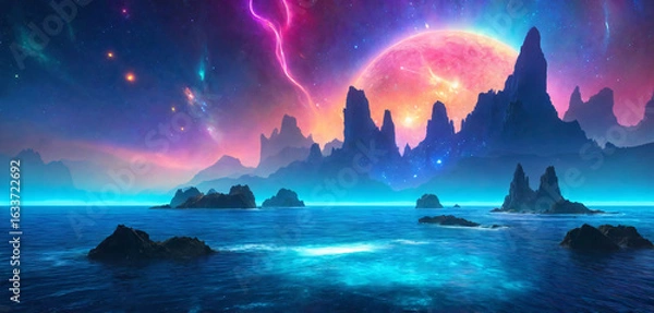 Fototapeta Surreal landscape with a colorful sky, mountainous formations, and a body of water.