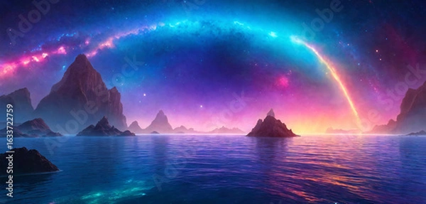 Fototapeta A fantastic landscape with an alien sky, a shining planet, and an ocean with islands.