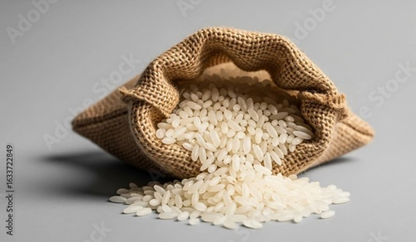 Fototapeta Abundant white rice spills from rustic burlap sack onto clean gray surface, highlighting natural goodness