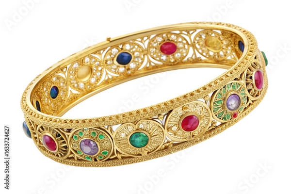 Fototapeta Ornate gold bangle bracelet with colorful gemstones isolated on transparent background