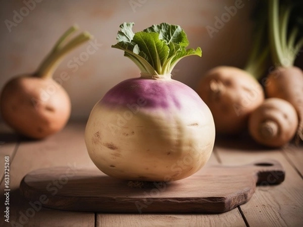 Obraz Realistic Root Vegetable Still Life – Whole Rutabaga on Rustic Board with Detailed Surface Texture, Pale Purple and Cream Tones, and Soft Warm Light for Organic Food Theme