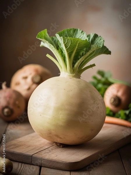 Fototapeta Fresh Whole Rutabaga on Rustic Wooden Board – Ultra-Detailed Root Vegetable with Earthy Colors and Leafy Top in Warm Light and Blurred Background with Natural Styling