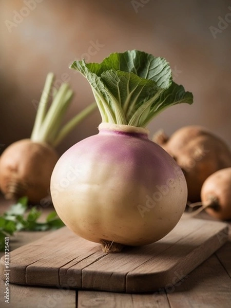 Obraz 
Single Rutabaga with Pale Purple and Cream Skin – Root Vegetable on Rustic Board with Green Leaves, Warm Light, and Blurred Natural Background in Professional Food Composition