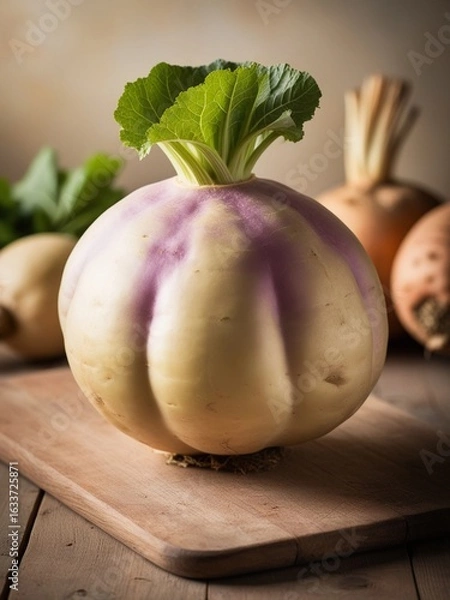 Obraz Whole Rutabaga with Leafy Top on Rustic Wooden Board – Ultra-Detailed Root Vegetable with Pale Purple and Cream Skin in Warm Natural Light and Earthy Background