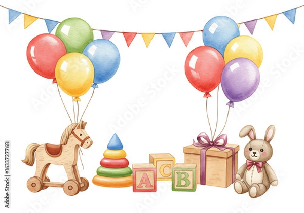 Fototapeta 水彩風、パステルカラーの祝祭イラスト　おもちゃと風船が華やかに飾る
