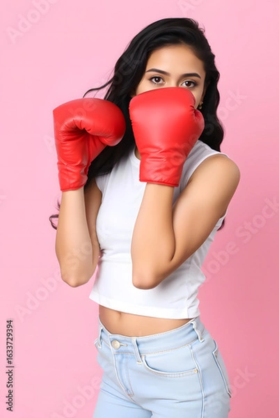 Fototapeta Women with boxing gloves, isolated pink background. Generative ai