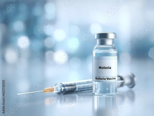 Fototapeta Close-up of malaria vaccine bottle with syringe in foreground, Malaria Increase prevention message, clean clinical product style, Selective Focus