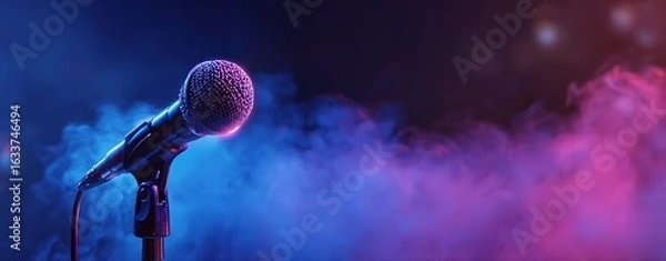 Fototapeta Close-up of a microphone on stage with a blue and purple neon light background.