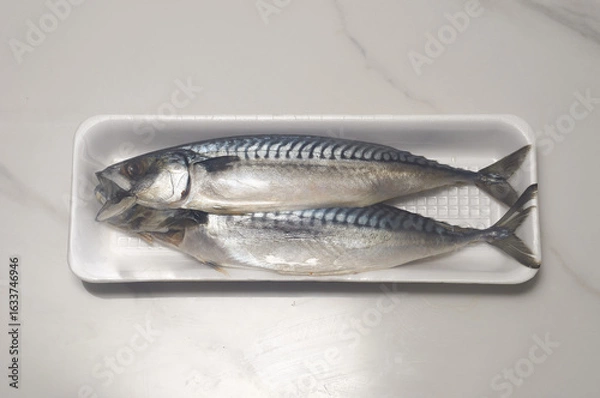 Fototapeta 2마리의 신선한 고등어가 스티로폼에 포장되어 있습니다.