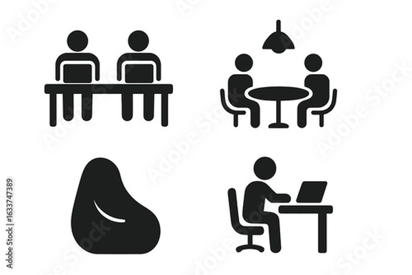 Obraz Startup workspace vector icons set. Solid filled pictograms of coworking space, shared desk office, team meeting, informal lounge beanbag, remote work station, business collaboration concept