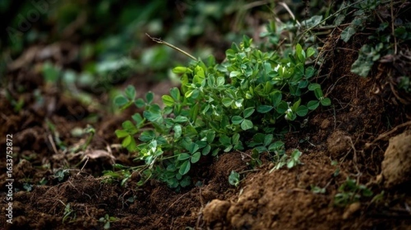 Fototapeta Green Plant Growing on Soil with Natural Sunlight and Soft Focus Background in Fresh Earthy Environment