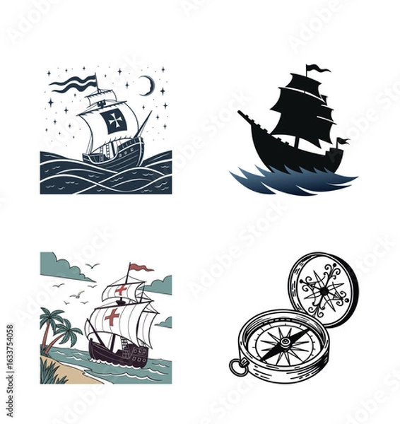 Fototapeta Four images illustrating themes of exploration, Columbus Day  navigation, sailing, and the sea