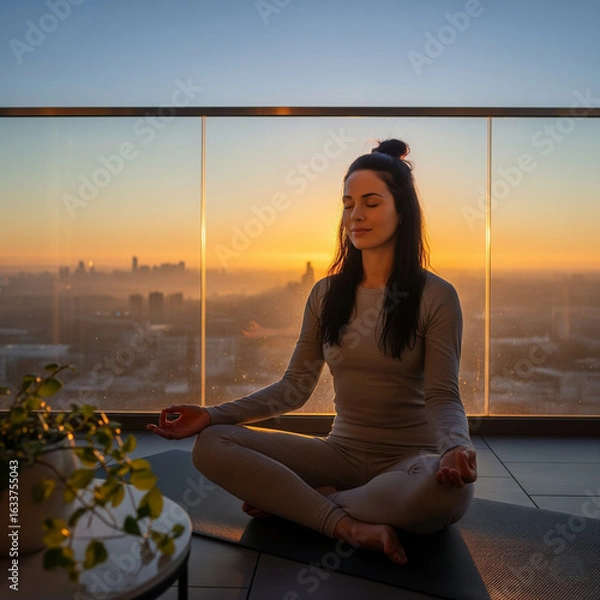 Obraz Woman practicing mindfulness breathing on balcony at dawn.