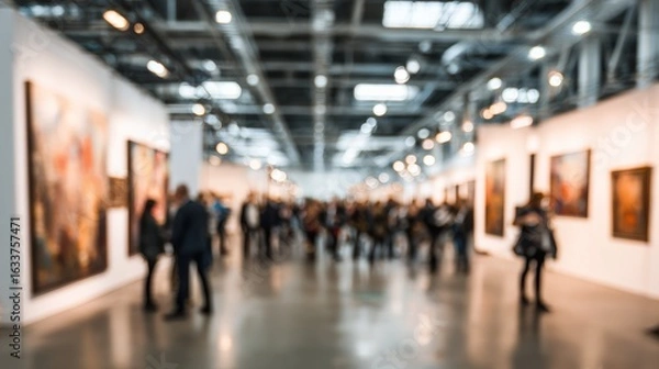 Fototapeta Art exhibition showcasing diverse artworks and a large crowd enjoying the creativity within the gallery space.