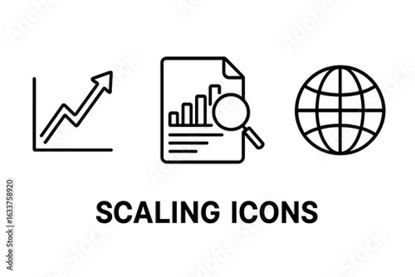 Fototapeta Outline Scaling and Growth Icons Set. Upward Arrow Graph, Market Research Document, Global Expansion, Business Growth Strategies, Trend Analysis, Financial Success, Globalization. Vector Illustration.