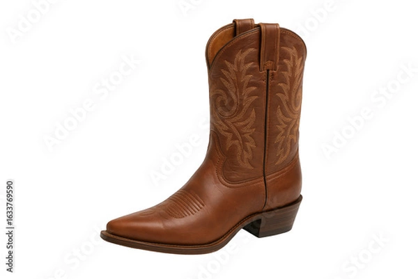 Fototapeta Classic Brown Leather Cowboy Boot with Intricate Stitching and Pointed Toe, Isolated on Black