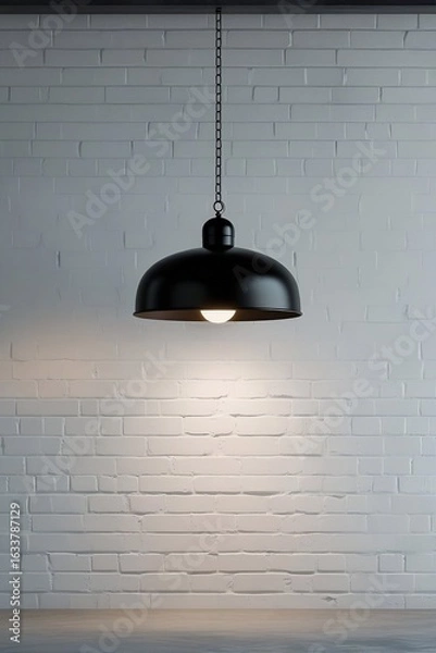 Obraz Minimalist Interior with Hanging Black Pendant Lamp on White Brick Wall