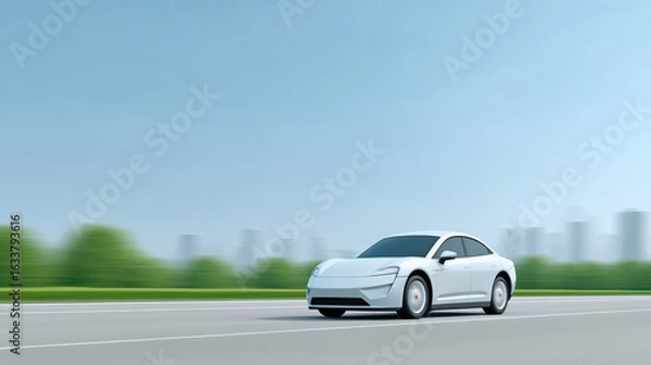 Fototapeta Sleek White Electric Car in Motion on Open Road