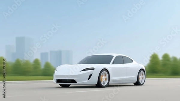 Fototapeta Sleek White Electric Car Driving on Urban Roadway