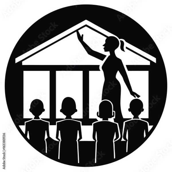 Fototapeta A teacher Teaching students in a school, Teacher and students in classroom silhouette learning illustration, Mother teaching child silhouette vector illustration, Silhouettes of teachers and students.