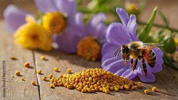 Fototapeta Golden bee pollen artfully arranged on wooden table, backed by a lush flowering summer field, illuminated with soft light to evoke warmth, freshness, and the richness of nature’s harvest.