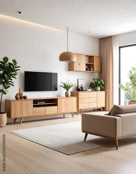 Fototapeta Modern living room with light wood furniture, a neutral color palette, and large windows