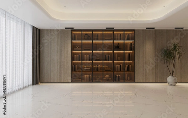 Fototapeta Modern Minimalist Interior with Built-in Wooden Bookshelf and Decorative Lighting