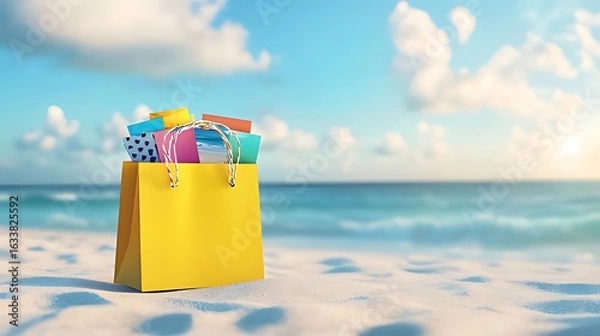 Fototapeta Abstract background with a shopping bag full of colorful photo cards on the beach, a banner for advertising or promotional design template